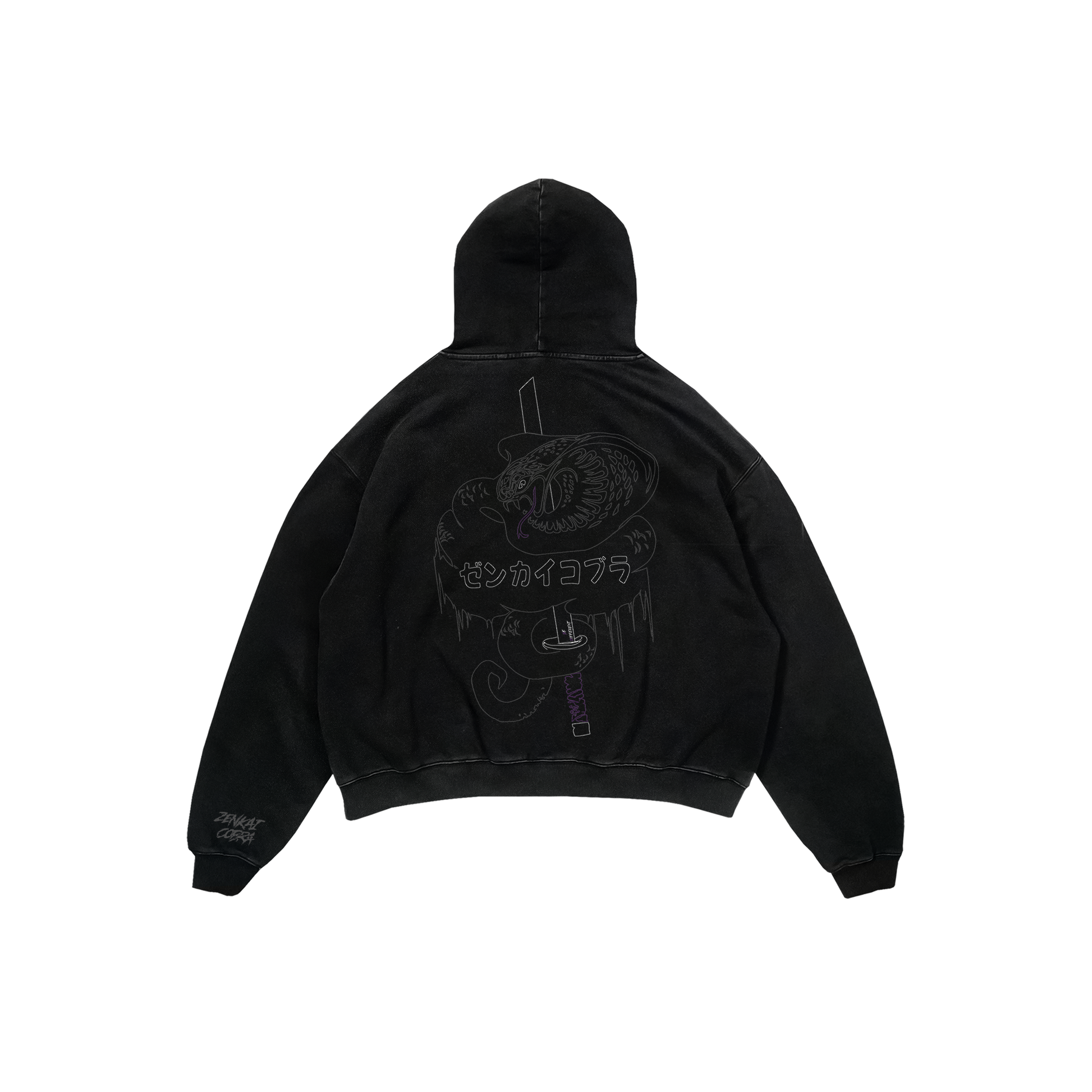 Felpa hoodie Zenkai Cobra Wakizashi nera con ricamo streetwear
